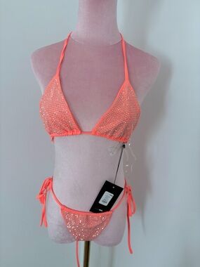 NWT Fashion Nova Neon Coral Rhinestone Triangle Bikini SMALL